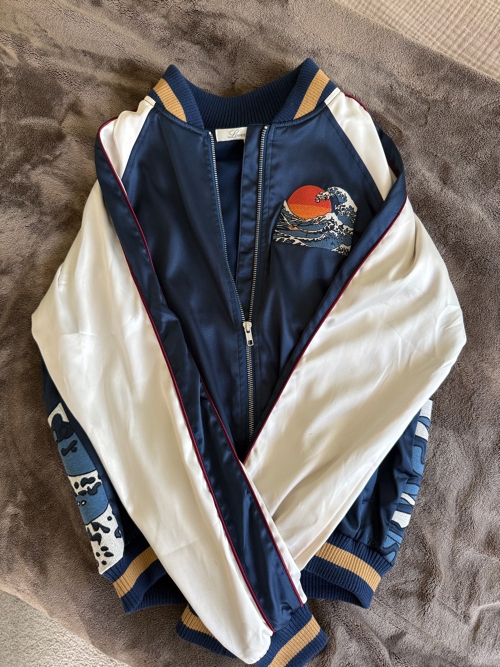 Lovers + Friends Navy, White & Red Bomber Jacket